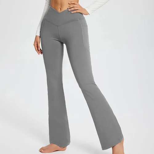 Vista 2 de Leggings acampanados cruzados para mujer, cintura alta, corte en V, corte de bota, pantalones de yoga acampanados con bolsillos