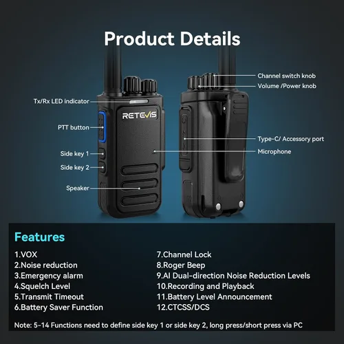 Vista 8 de Retevis MateTalk - Walkie Talkies B4 con micrófono de hombro impermeable, cancelación de ruido de radio de 2 vías, compacto, carga USB-C, radios