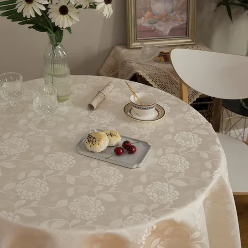 Vista 2 de GLORY SEASON Mantel redondo impermeable a prueba de derrames, de tela de damasco con ribete de encaje, para decoración de mesa de boda, cocina