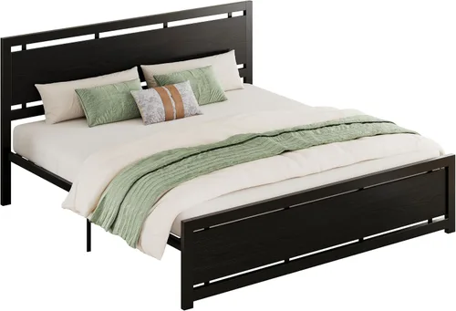 Vista 9 de LIKIMIO Base de cama tamaño King con cabecero y estribo Negro
