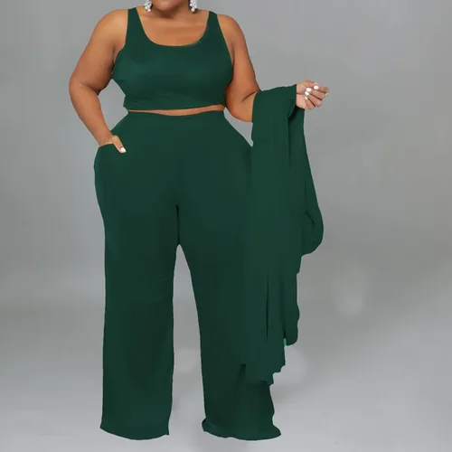 Vista 3 de Conjunto de 3 piezas para mujer de talla grande y pantalones largos de pierna ancha