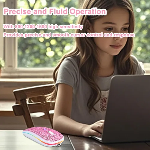 Vista 4 de Ratón inalámbrico Bluetooth lindo rosa brillante cristal Rhinestone ratón de computadora con luz LED 2.4GHz y Bluetooth Dual Mode recargable