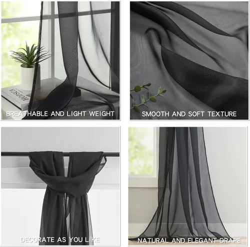 Vista 5 de poefun Cortinas transparentes negras para ventanas, toldo drapeado, cortina de cama, bufanda, camino de mesa de boda, sala de estar, dormitorio