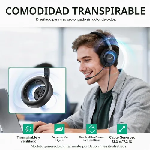 Vista 2 de EKSA H27 Auriculares USB para computadora con micrófono para trabajo, auriculares de PC con micrófono de cancelación de ruido, auriculares con cable