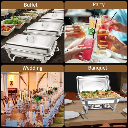Vista 6 de Juego de 2 Platos Calentadores de Acero Inoxidable de Tamaño Completo de 8 Cuartos de Galón para Buffet, Juego de Calentador Rectangular Plateado