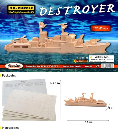 Vista 2 de Puzzled Rompecabezas 3D, destructor de buque de guerra, kit de construcción de madera divertido y educativo, juguete de madera para armar