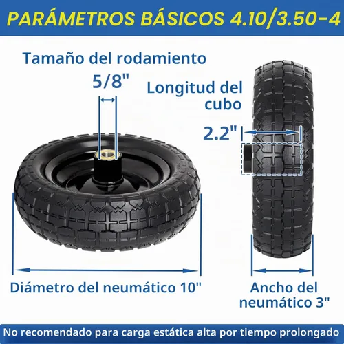 Vista 2 de GICOOL Neumático Sólido Sin Aire de 10" y Reemplazo de Rueda 4.10/3.50-4, con Orificio de Eje de 5/8", Cubo con Desplazamiento de 2.2", Compatible