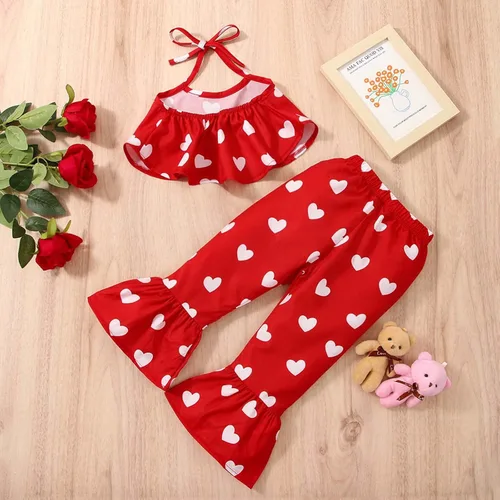 Vista 2 de TBUIALL Toddler Girls Valentine's Day Sleeveless Vest Tops Hearts Printed Bell Bottoms Pants Kids Outfits Swaddling Set