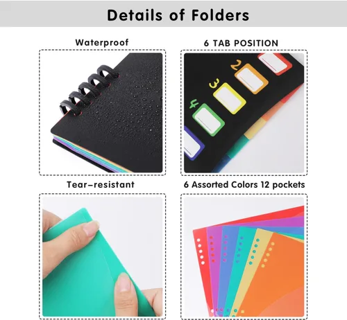 Vista 2 de Edufun Carpeta de archivos expandible de 12 bolsillos con páginas extraíbles, 6 pestañas numeradas, colorido organizador A4 para oficina y escuela
