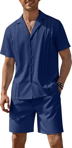 Vista 12 de COOFANDY Conjunto corto de 2 piezas para hombre, camisa con botones Guayabera, casual, trajes de playa de verano Verde militar