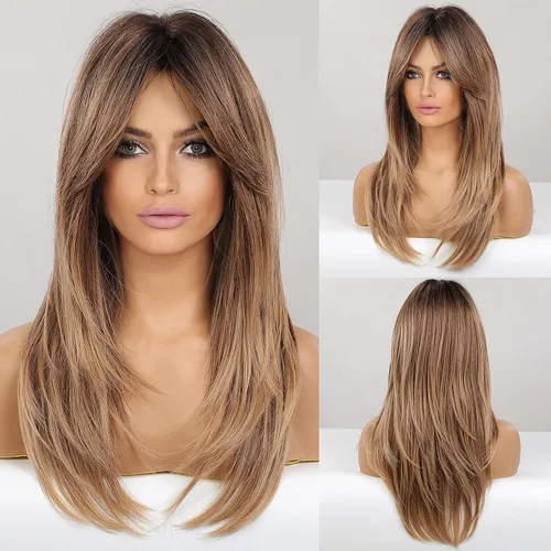 Vista 13 de HAIRCUBE Pelucas largas de color marrón oscuro con reflejos para mujer, peluca de pelo sintético rizado ondulado para uso diario