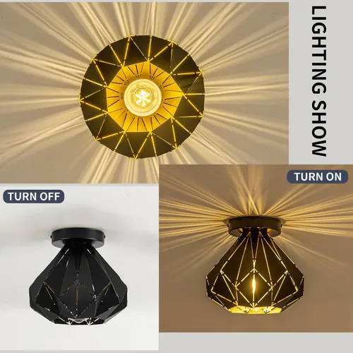 Vista 4 de Modern Geometric Ceiling Light, Black Metal Diamond Cage Design, Semi-Flush Mount, Industrial Style, E26, Matte Black with Gold Inside