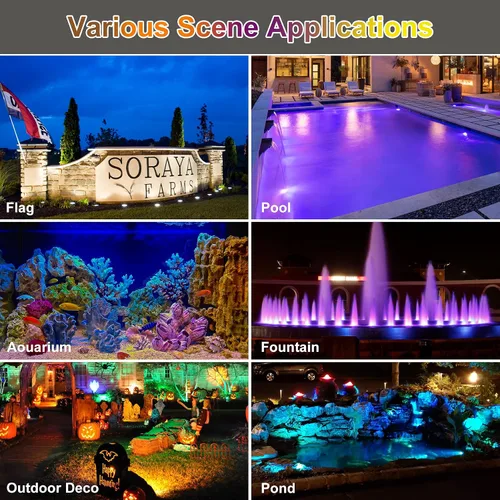 Vista 7 de Luces RGB para estanque con temporizador, luz LED sumergible bajo el agua, 98 pies, control remoto, IP68, impermeable, coloridos focos de paisaje
