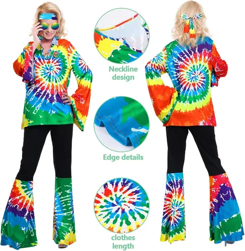 Vista 4 de Jiuguva Conjunto de 17 piezas de disfraz hippie de los años 60 y 70 para mujer, vestido de discoteca, pantalones bohemios, acampanados, camisa