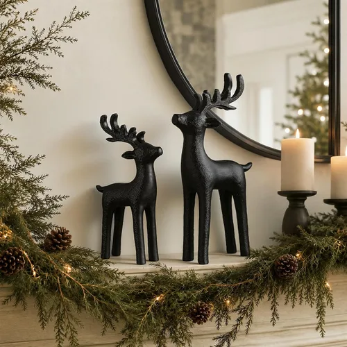 Vista 6 de 2 piezas de decoración moderna de Navidad, decoración neutral de Navidad de renos, estatuas de ciervos de resina, figuras de renos, estatuas