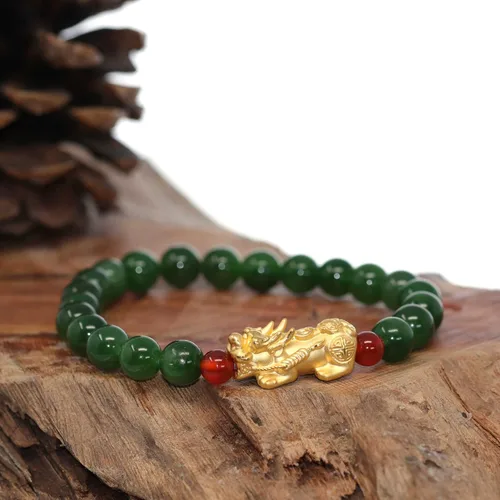 Vista 5 de 24k Pixiu Charm Natural Nefrita Jade Beads Pulsera de buena suerte 0.315 in para hombres y mujeres Unisex Niños Buena fortuna