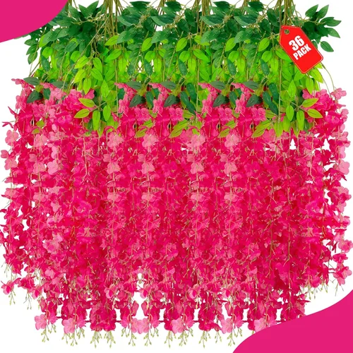 Vista 62 de Paquete de 12 flores colgantes de glicina rosa, flores colgantes falsas de 3.44 pies, guirnalda de glicina artificial para decoración de boda, telón