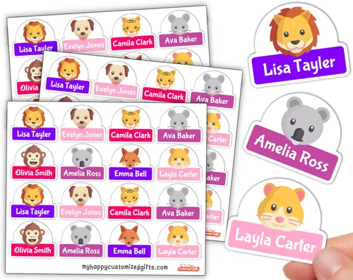 Vista 3 de Sweet Etiquetas de nombre personalizables de animales mixtos, 16 a 128 unidades, etiquetas perfectas para niños para guardería y suministros