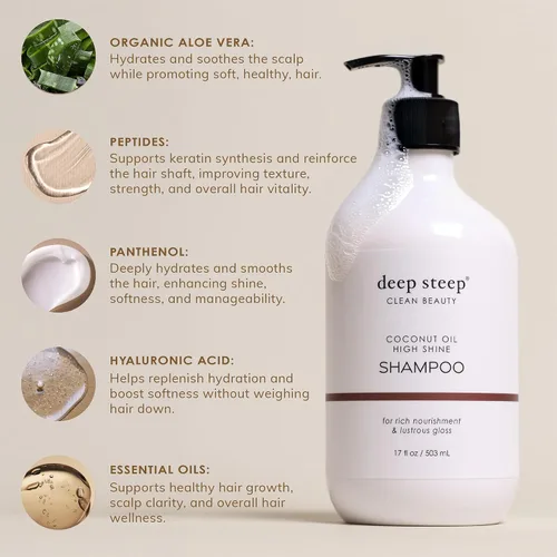 Vista 5 de Deep Steep High Shine - Champú de aceite de coco, 17 onzas, champú hidratante con aloe vera, aceite de argán, proteína de arroz y glicerina, sin