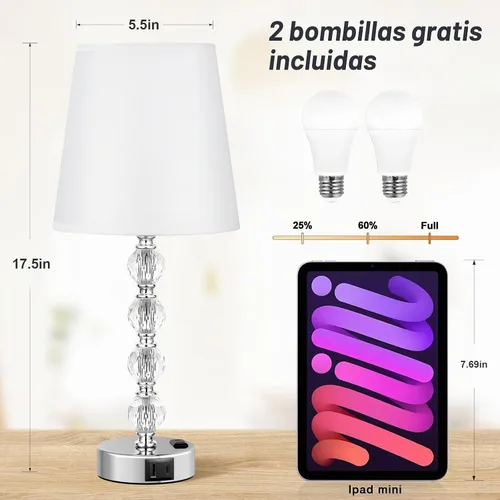 Vista 5 de Juego de 2 lámparas de mesa de cristal para dormitorio/sala de estar, 17.5 pulgadas (blanco) 3 Way Dimmable Touch Control, Bedside Nightstand