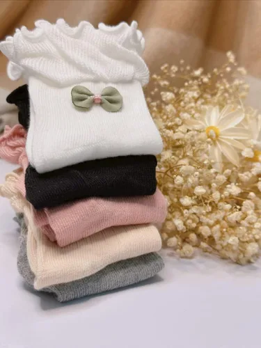 Vista 3 de Gwenvenni Girls Ruffle Bow Socks Big Little Kids Cotton Ankle Sock