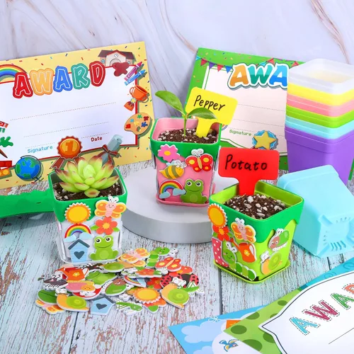 Vista 5 de Elcoho Juego de 36 macetas de plástico para jardín, kit de manualidades de primavera para niños, macetas con 150 calcomanías de espuma, 36