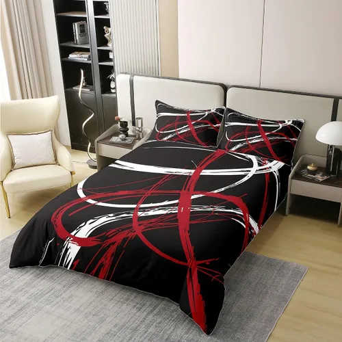 Vista 9 de Juego de funda de edredón moderna abstracta 100% algodón, tamaño individual, para niños, rojo, gris, negro, geométrico, juego de ropa de cama