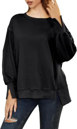 Vista 5 de AUTOMET Sudaderas de gran tamaño para mujer, estilo casual, cuello redondo, manga larga, con abertura, ropa de moda de otoño 2023