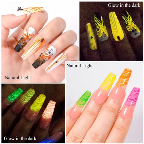 Vista 4 de Gel de araña luminoso de 12 colores, gel de araña que brilla en la oscuridad para arte de uñas, gel de dibujo de alambre elástico para línea