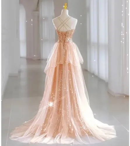 Vista 3 de Changuan Vestidos de fiesta de sirena con lentejuelas para mujer, largos con abertura, tirantes delgados, vestido formal con cola de tul