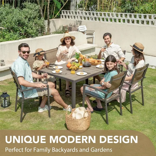 Vista 7 de Devoko Juego de comedor para patio, 7 piezas, muebles de exterior con mesa rectangular y 6 sillas apilables, juego de conversación familiar