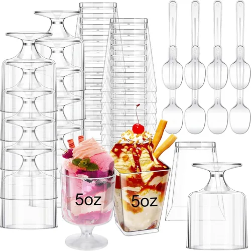 Vista 7 de Funtery Paquete de 300 mini tazas de postre de 3 onzas y 4 onzas con cucharas, tazas reutilizables de plástico transparente para yogur, parfait