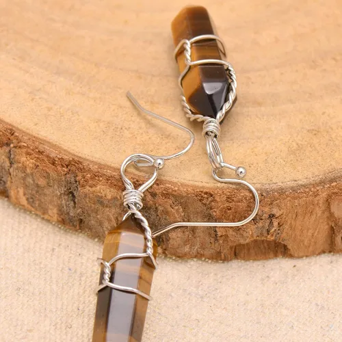 Vista 61 de Pendientes de cristal de punta envuelta en alambre de piedra pulida para mujer Reiki Energy Healing