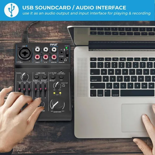 Vista 9 de Pyle - Mezclador de audio Bluetooth de 3 canales - Controlador de sonido DJ con tarjeta de sonido USB para grabación en PC - XLR - Conector