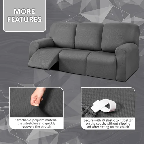 Vista 3 de ULTICOR Fundas para sofá reclinable de 8 piezas, fundas elásticas con hilo teñido para sofá reclinable de 3 cojines, gruesas, suaves y lavables Gris