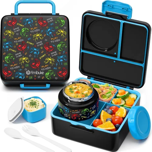Vista 10 de Fimibuke Lonchera Bento para Niños y Adultos, Contenedor de Lonchera para Niños Pequeños de 3-4 Compartimentos 60OZ con Frasco de Comida Aislado a