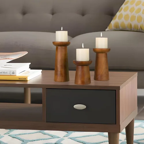 Vista 5 de Juego de 3 portavelas de pilar, portavelas de madera, portavelas decorativos de madera para sala de estar, centro de mesa para bodas, Navidad