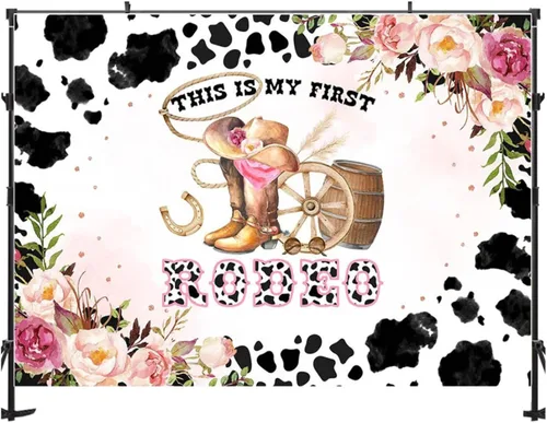 Vista 3 de This is My First Rodeo - Telón de fondo de fotos para niña de 1 año, flores, flores, vaquera, estudio fotográfico, decoración de fiesta