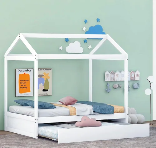 Vista 11 de Harper & Bright Designs Cama de casa de tamaño individual con cama nido de tamaño individual, sofá cama de madera, cama de plataforma con techo