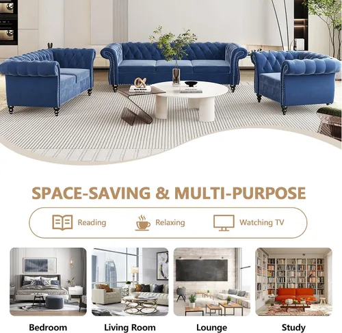 Vista 7 de QHITTY Juego de 2 piezas para sala de estar, Silla Sofá Seccional Chesterfield Contemporáneo Tapizado de Terciopelo Loveseat Juegos de Sofá para Azul