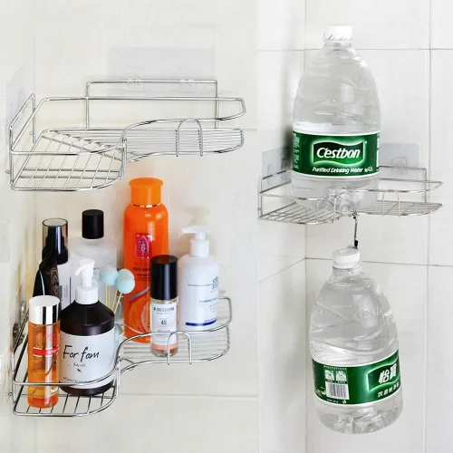 Vista 6 de Paquete de 2 organizadores de ducha esquineros, estante adhesivo de baño montado en la pared, estante de baño de acero inoxidable, organizador