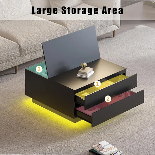 Vista 4 de HedoAjim Mesas de centro cuadradas con almacenamientos, moderna mesa de centro negra para sala de estar, mesas de centro de tapa abatible y 2