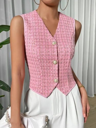 Vista 4 de WDIRARA Blazer sin mangas con cuello en V y botones asimétricos para mujer
