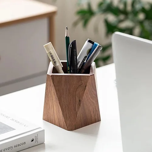 Vista 4 de Sokelinn-six Portalápices de madera de nogal, tazas de soporte de lápiz de madera, organizador estacionario de escritura de escritorio, suministros