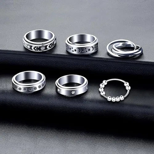 Vista 2 de Tatibana Anillo de ansiedad para mujeres y hombres, 6 anillos plateados de acero inoxidable antiansiedad con cuentas, anillo giratorio para aliviar