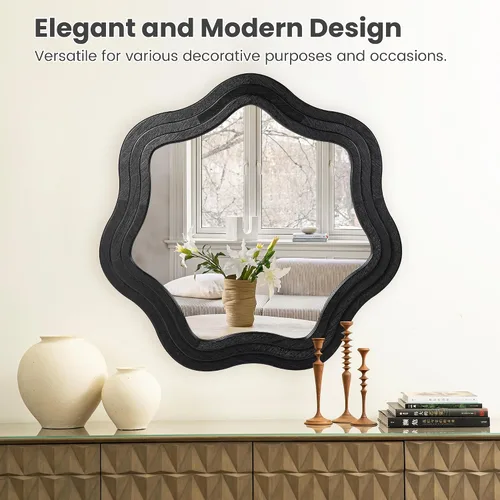 Vista 2 de Glitzhome Wavy Wall Miroor - 33.5''D Round Accent Mirror Decorative or Bedroom Living Room Entryway Hallway, Black Wood Frame
