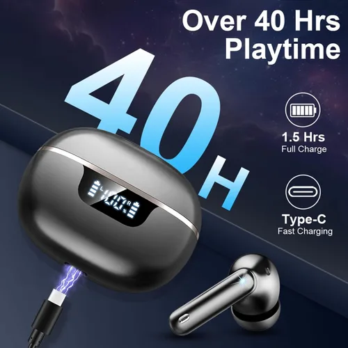 Vista 5 de Auriculares inalámbricos, auriculares Bluetooth 5.4 estéreo de graves profundos, auriculares intrauditivos con 4 micrófonos ENC, pantalla LED de 45