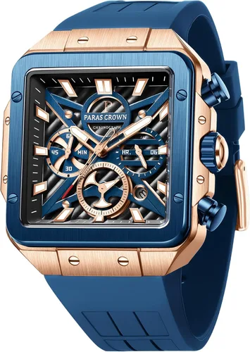 Vista 10 de Paras Crown Watches for Men Tonneau 5ATM Waterproof Quartz Luxury Chronograph Analog Men's Wrist Watches Stainless Steel Case Mens Watches Negro