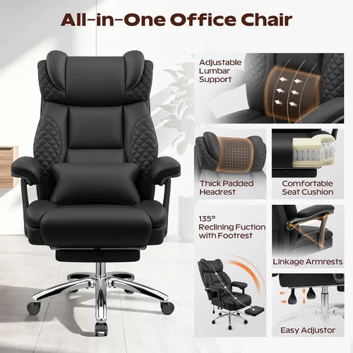 Vista 6 de Silla de oficina grande y alta, silla de computadora de escritorio con reposapiés para personas pesadas, silla ejecutiva de juegos de gran