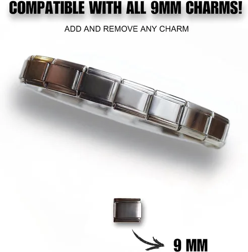 Vista 2 de Shiny Starter - Pulsera con dije italiano de acero inoxidable, 18 dijes, 0.354 in, pulsera completa de 6.9 pulgadas de largo, dijes intercambiables
